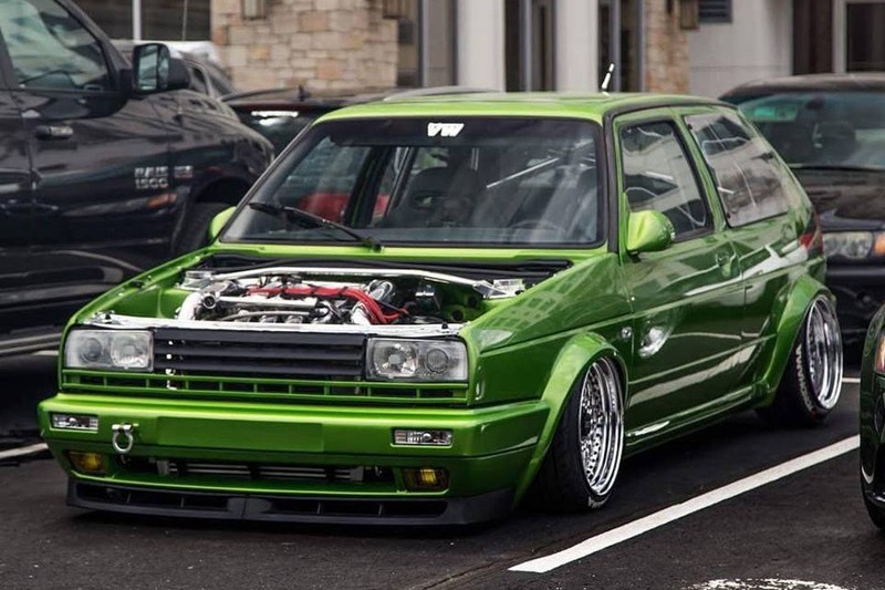 Green Volkswagen MK2 GTI Golf with OptikWerks G60 Plus Kit, front view