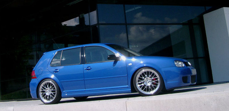 Blue Volkswagen MK4 Golf with GLI style side skirts